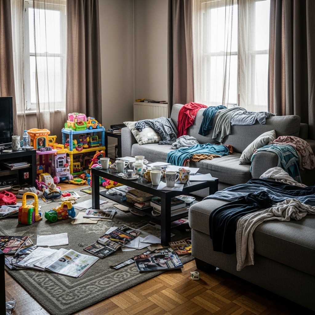 Lived-in room before cleanup